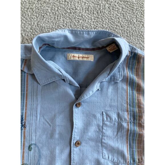 Tommy Bahama Camp Button Shirt XL 100% Silk Short Sleeve Striped Blue Beach Mens - Picture 2 of 16